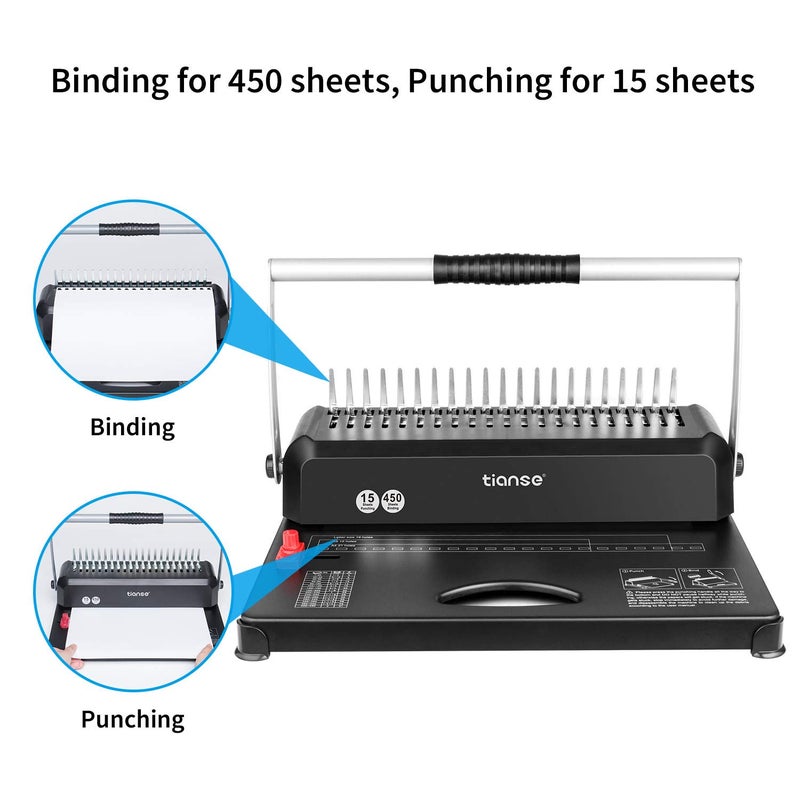 TIANSE Binding Machines, 21-Holes, 450 Sheets, Comb Bind Machine Book Maker with 100 PCS 3/8'' Comb Binder Spines Starter Kit, Comb Binding Machine for Letter Size, A4, A5 or Smaller Sizes - Image 2